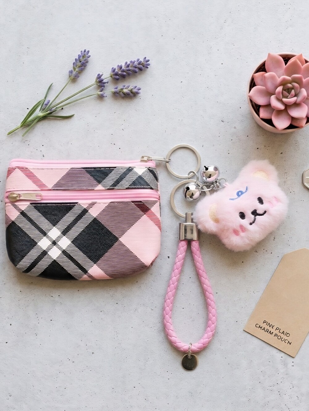 Plaid Coin Purse & Fuzzy Bear Keychain Set | Zip Wallet Bag Charm